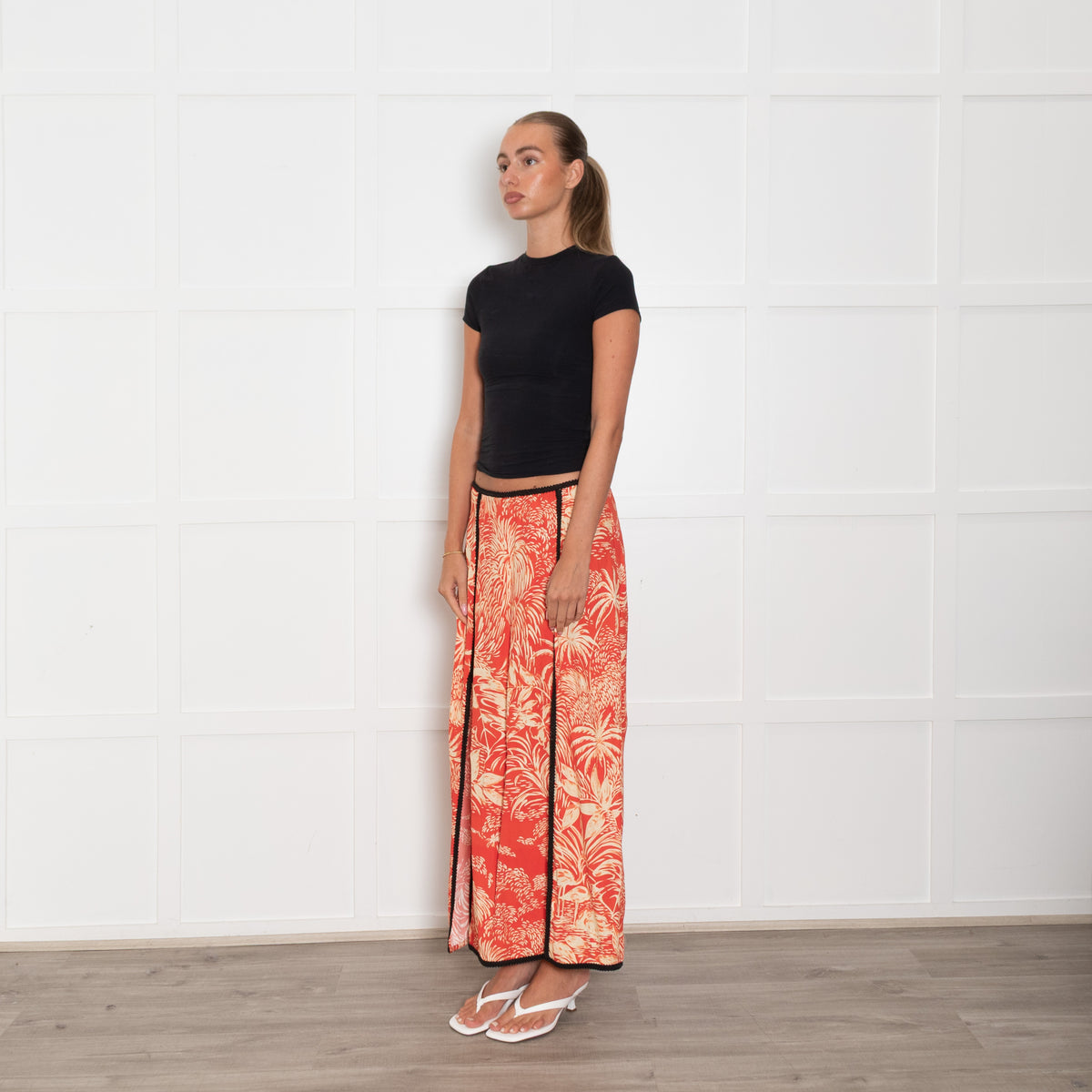 Rixo Orange Cream Palm Print Black Trim Skirt