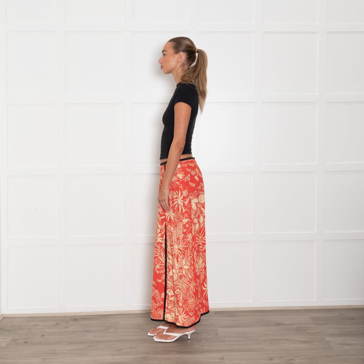 Rixo Orange Cream Palm Print Black Trim Skirt