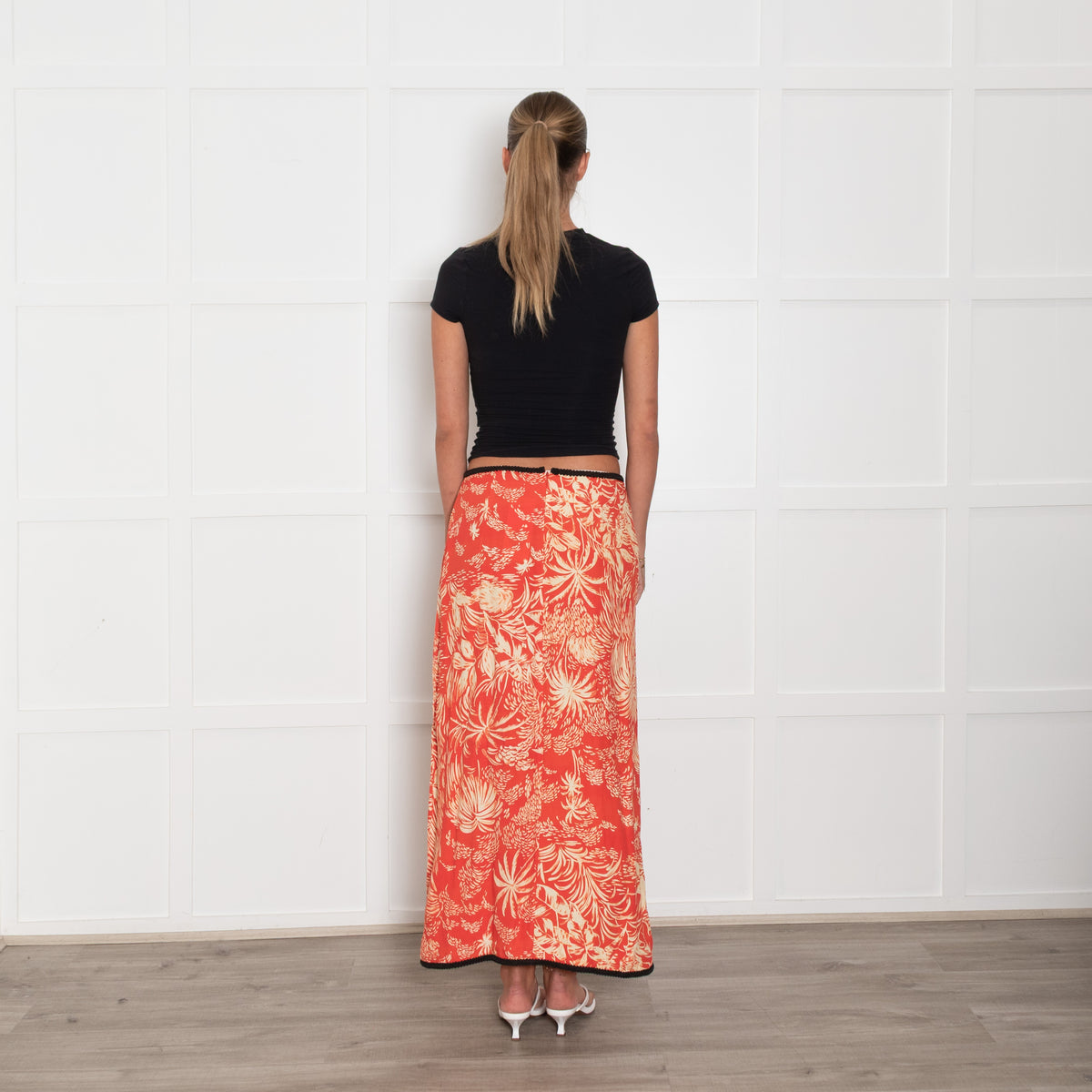 Rixo Orange Cream Palm Print Black Trim Skirt