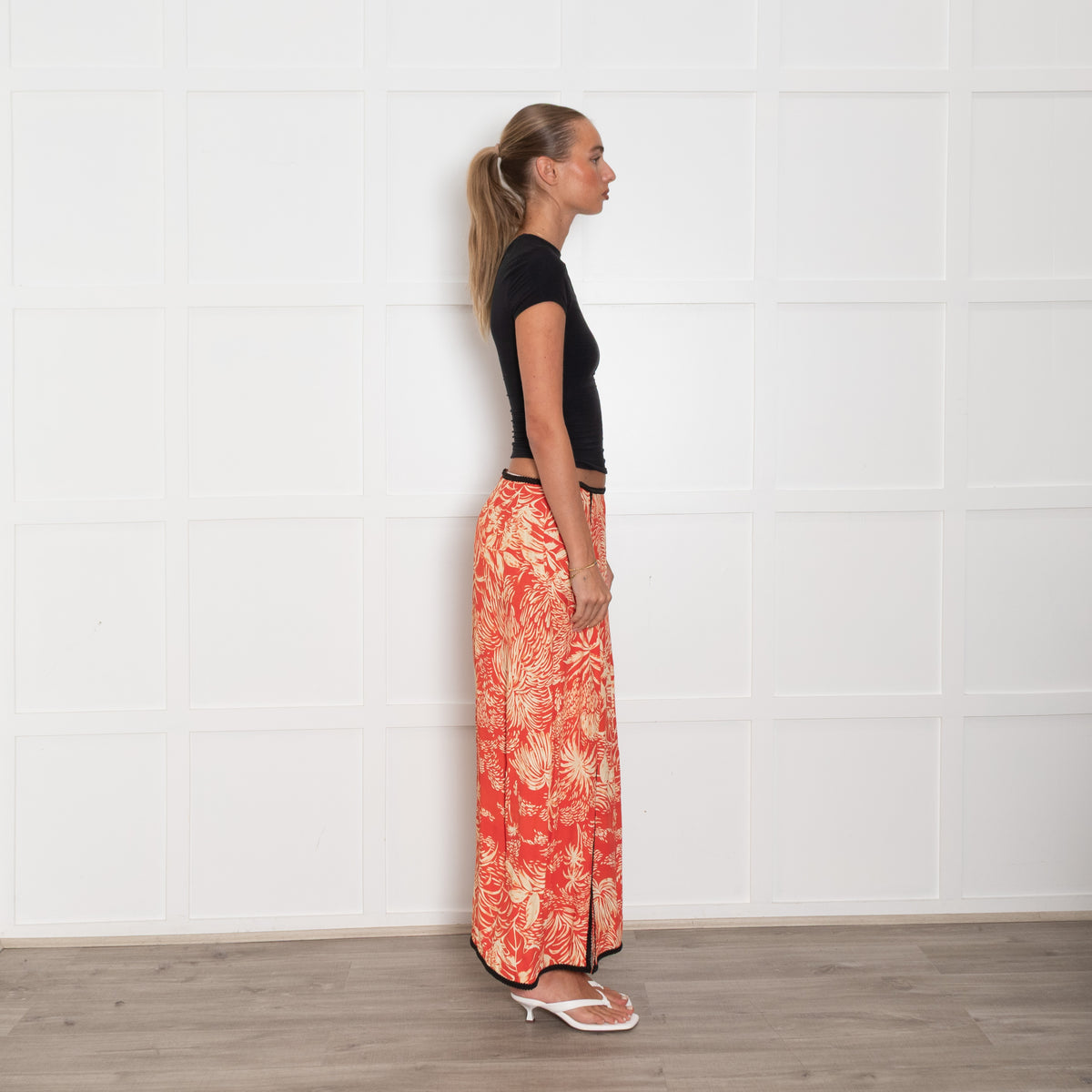Rixo Orange Cream Palm Print Black Trim Skirt