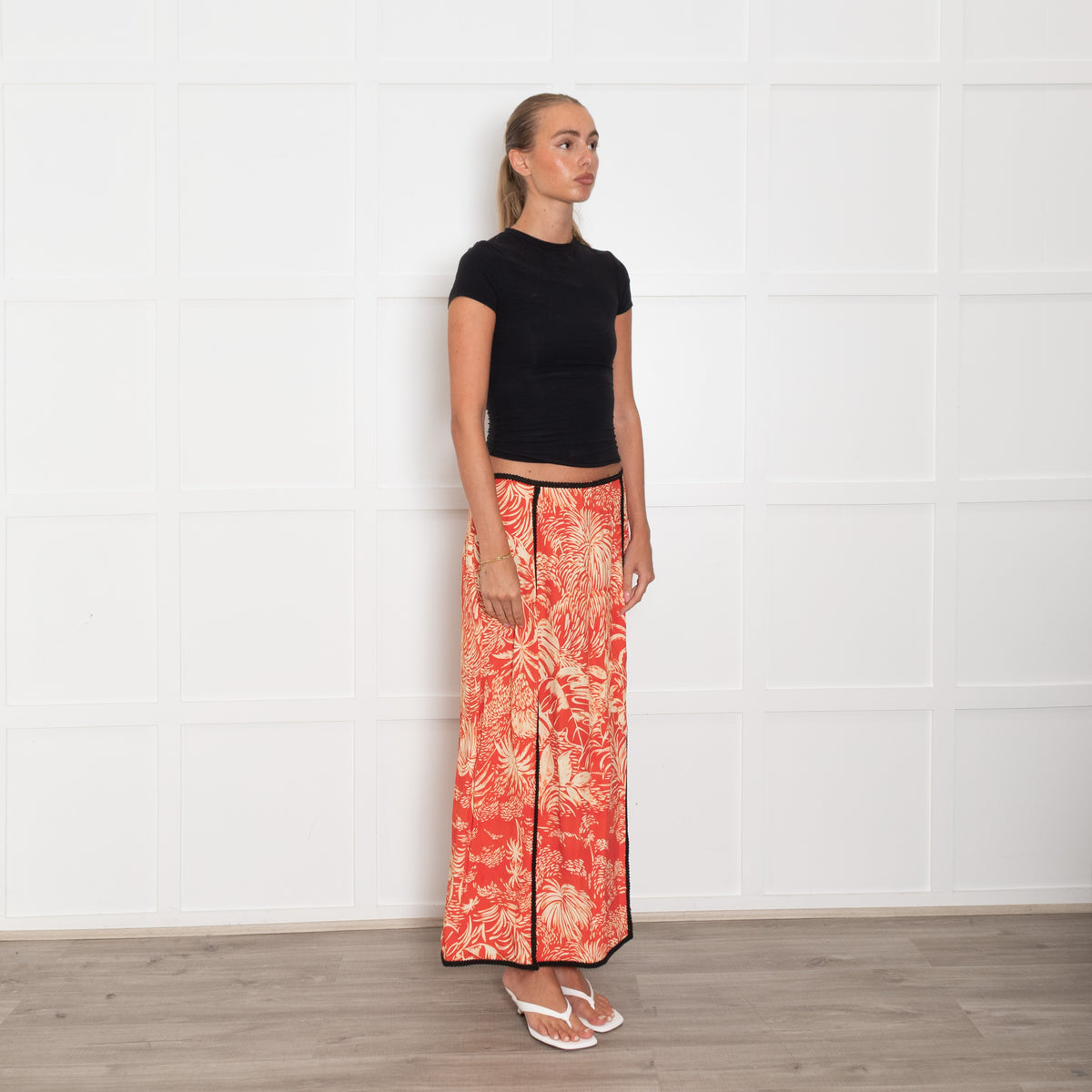 Rixo Orange Cream Palm Print Black Trim Skirt