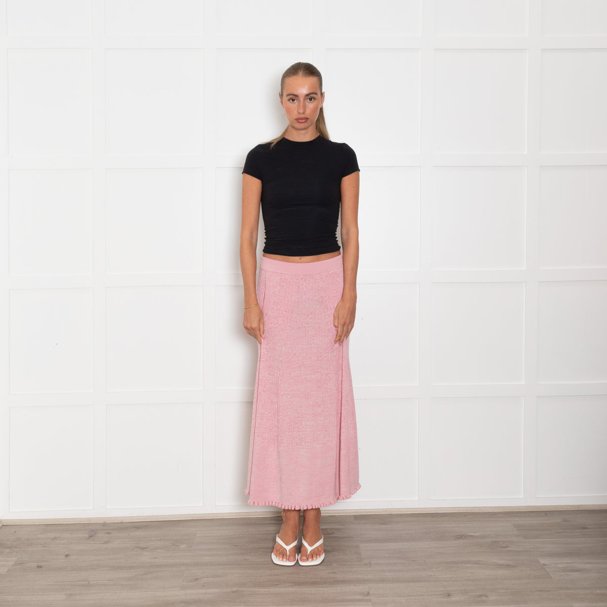 Me + Em Pale Pink Ribbed Knit Maxi Skirt