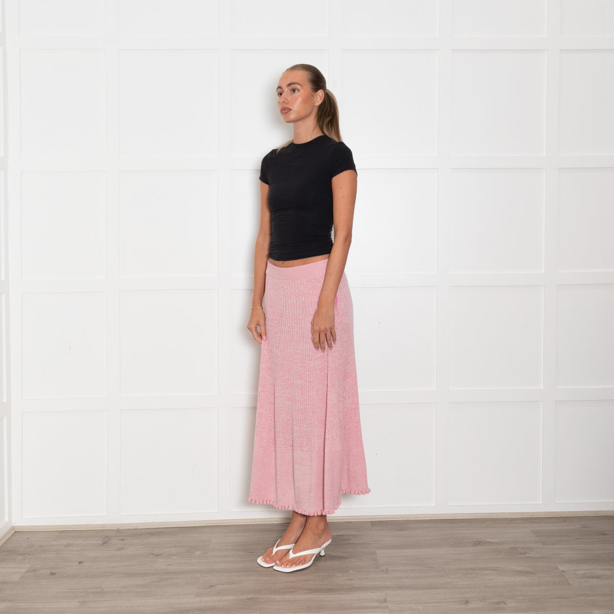 Me + Em Pale Pink Ribbed Knit Maxi Skirt
