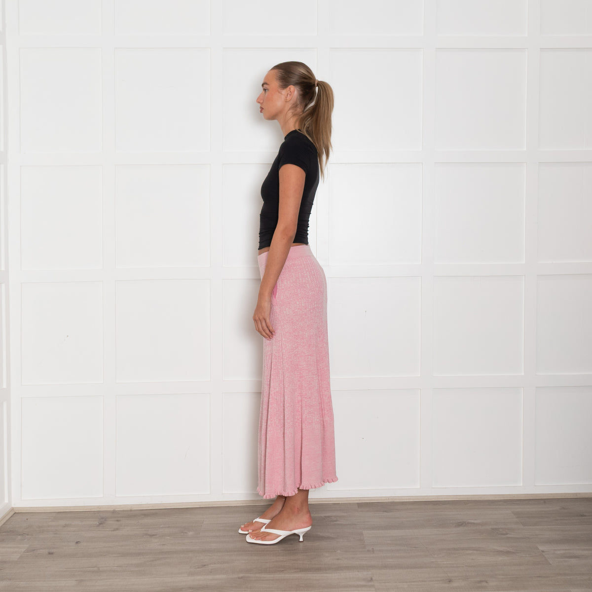 Me + Em Pale Pink Ribbed Knit Maxi Skirt