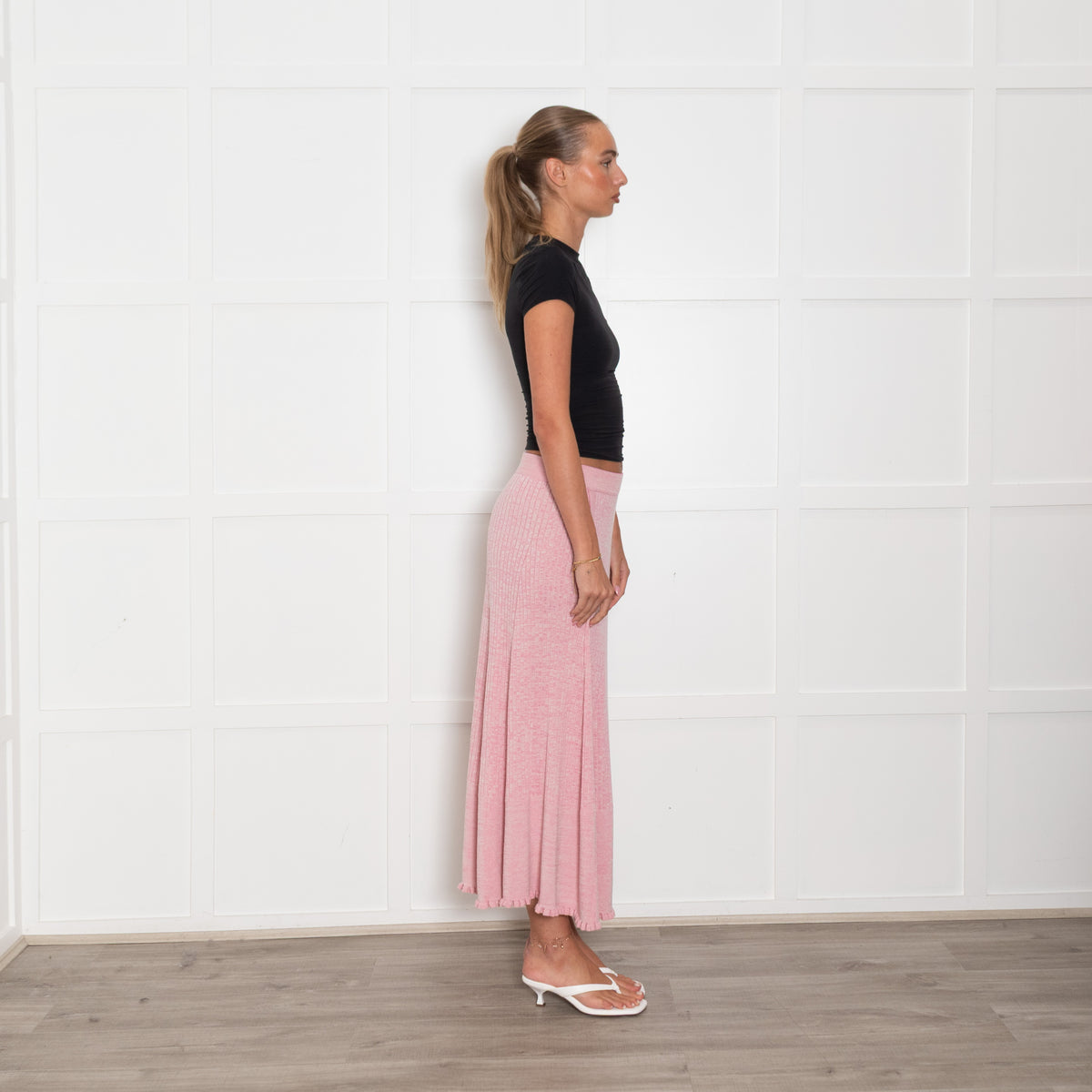Me + Em Pale Pink Ribbed Knit Maxi Skirt