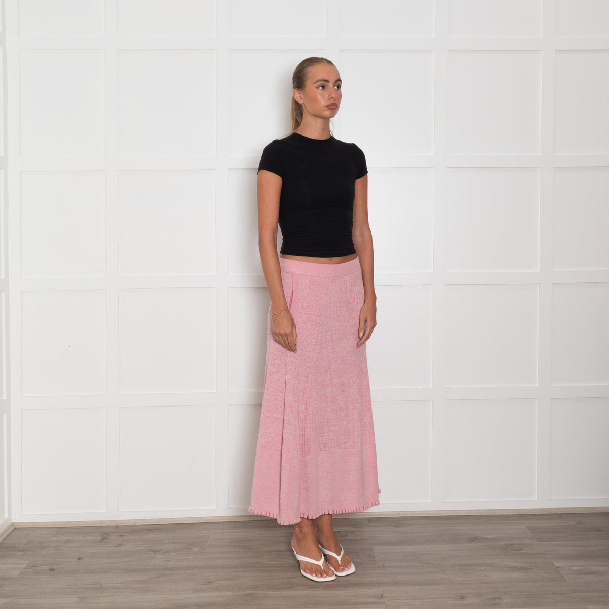 Me + Em Pale Pink Ribbed Knit Maxi Skirt