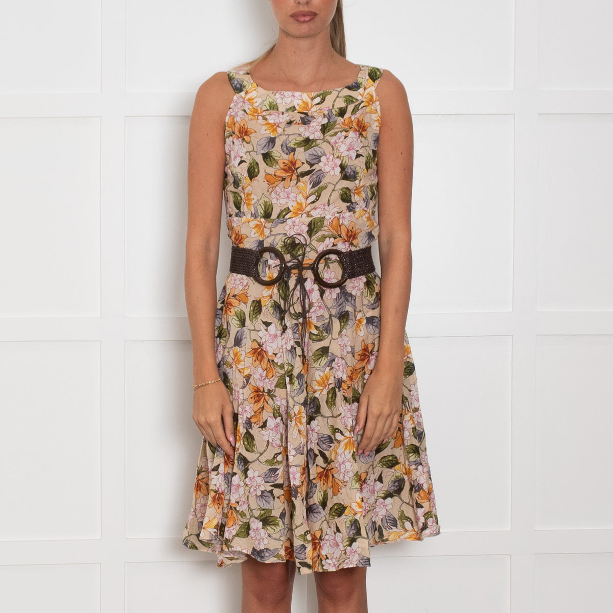 Sandro Ferrone Beige Multi Floral Belted Cotton Dress