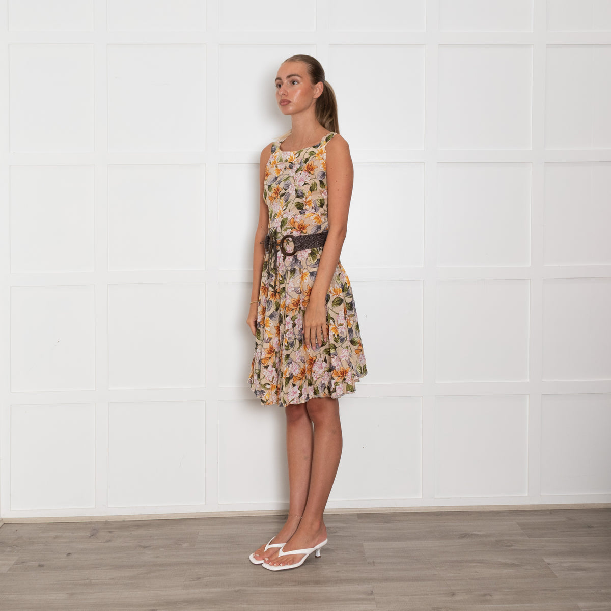 Sandro Ferrone Beige Multi Floral Belted Cotton Dress