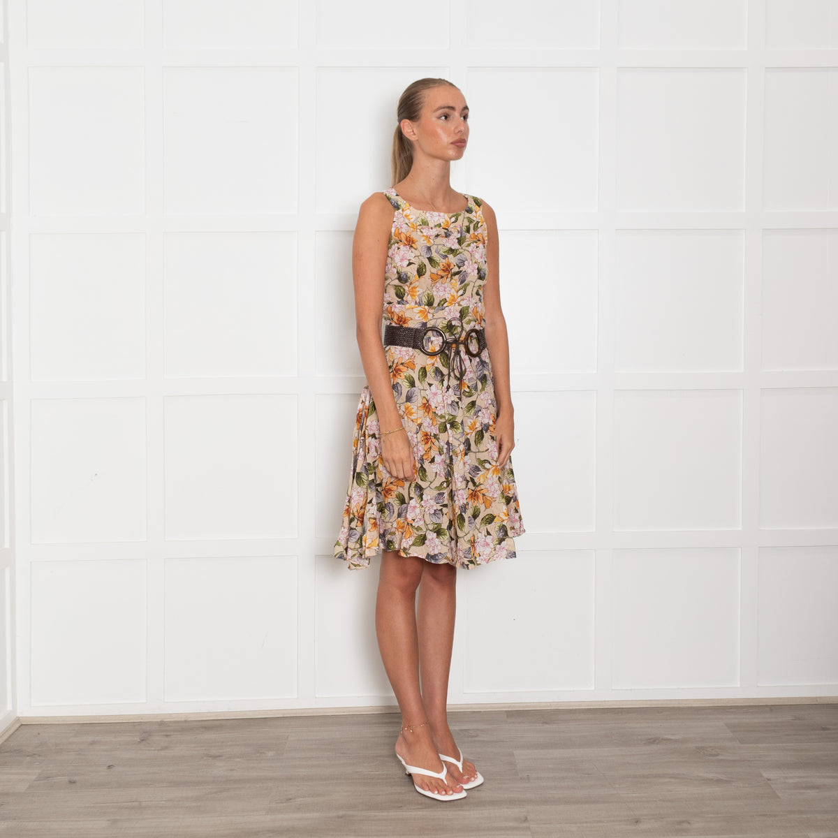 Sandro Ferrone Beige Multi Floral Belted Cotton Dress