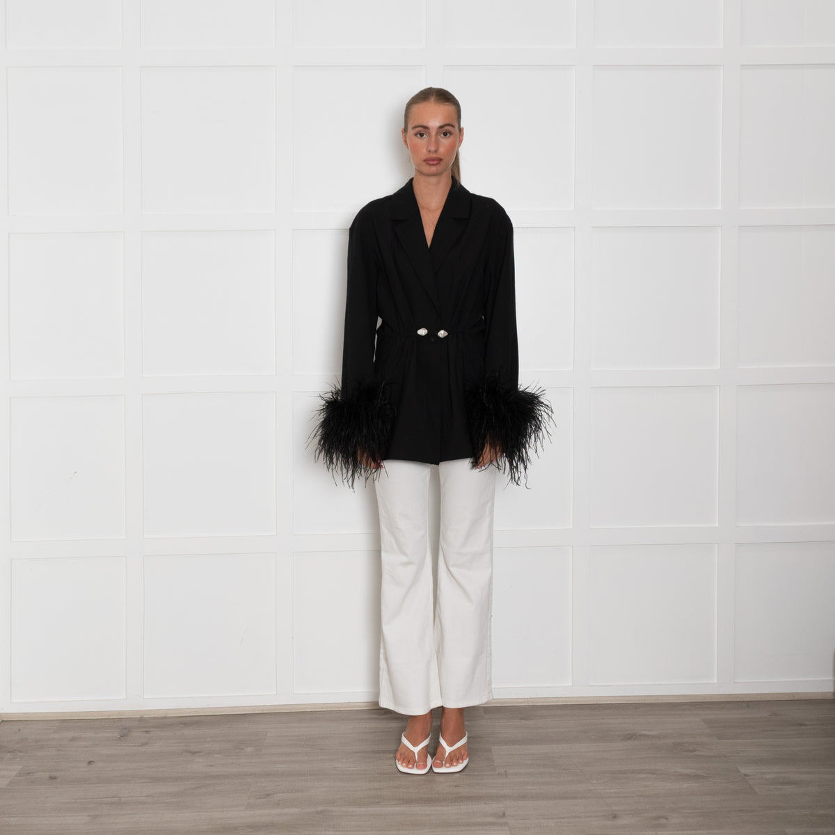 Sleeper Black Blazer with Pearl Buttons and Feather Cuffs