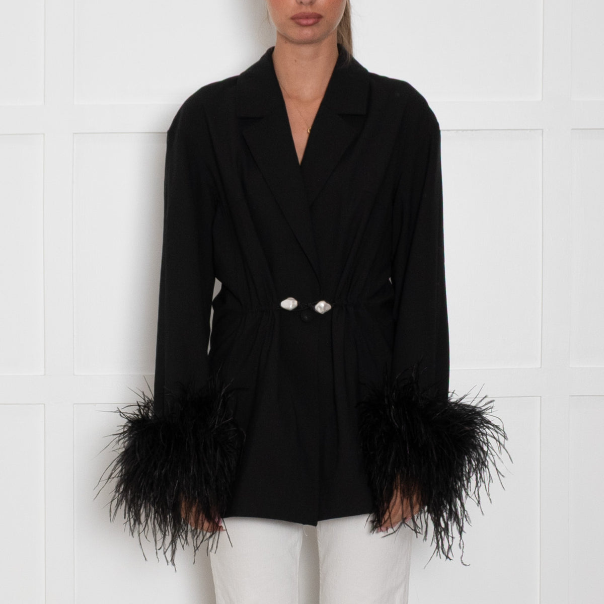 Sleeper Black Blazer with Pearl Buttons and Feather Cuffs