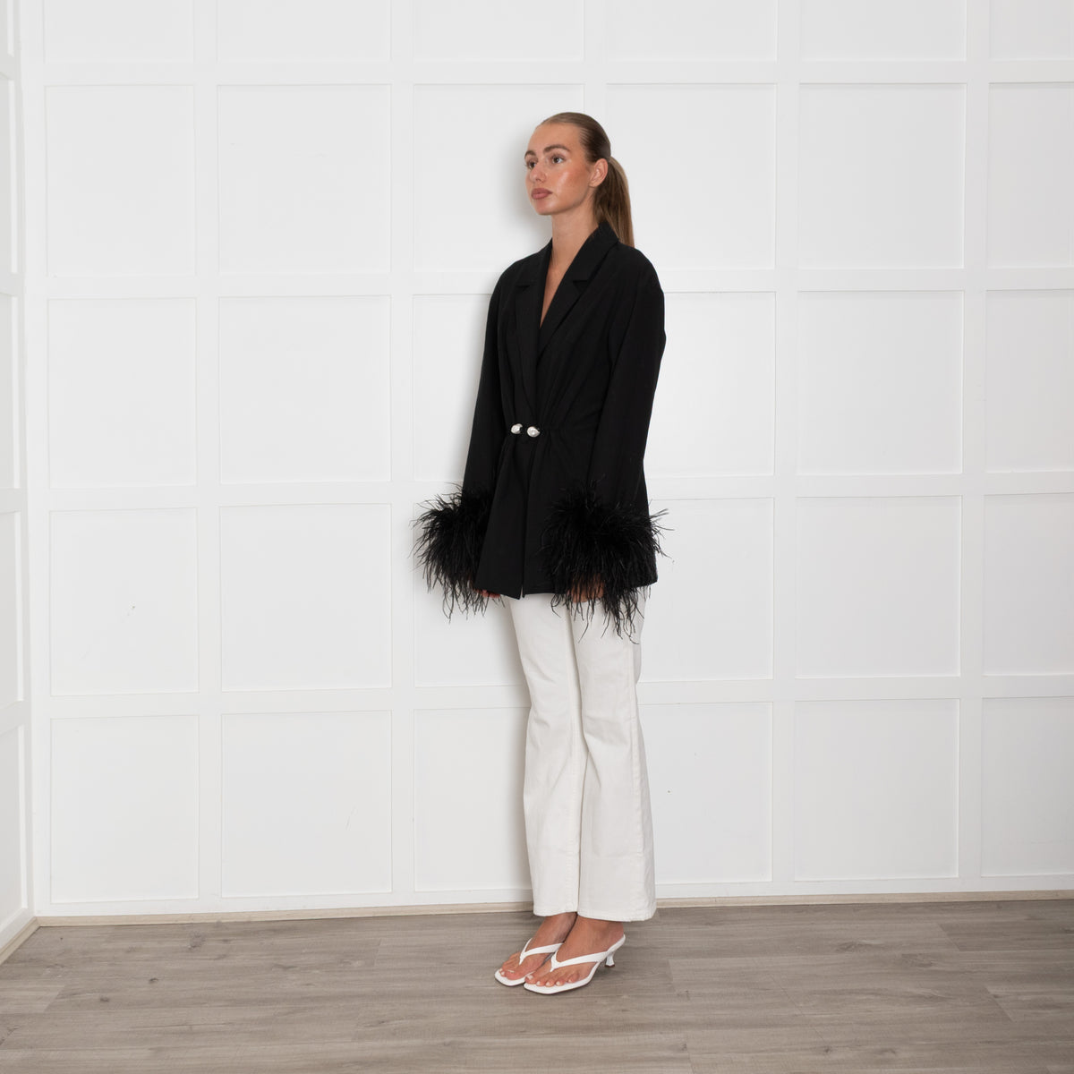 Sleeper Black Blazer with Pearl Buttons and Feather Cuffs