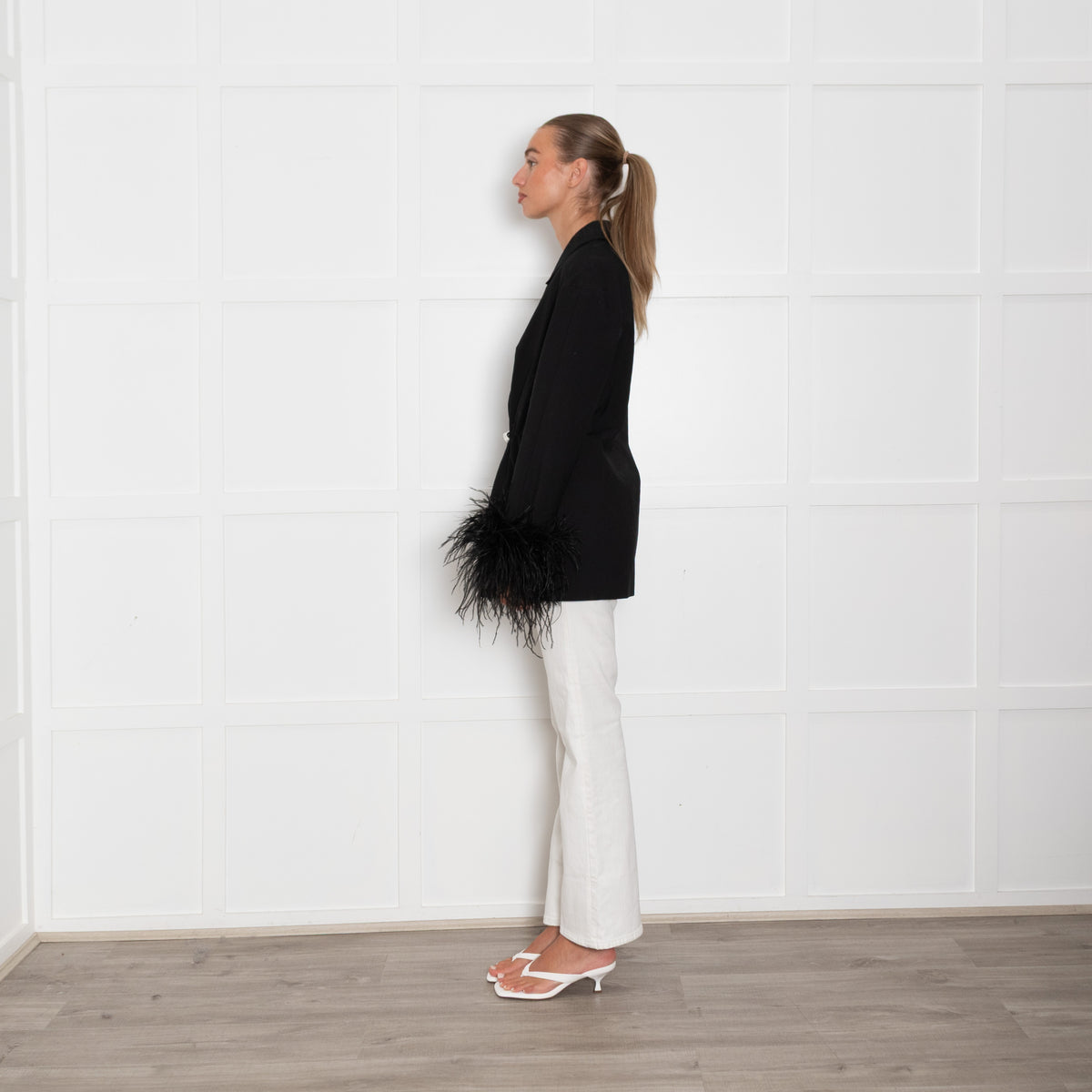 Sleeper Black Blazer with Pearl Buttons and Feather Cuffs
