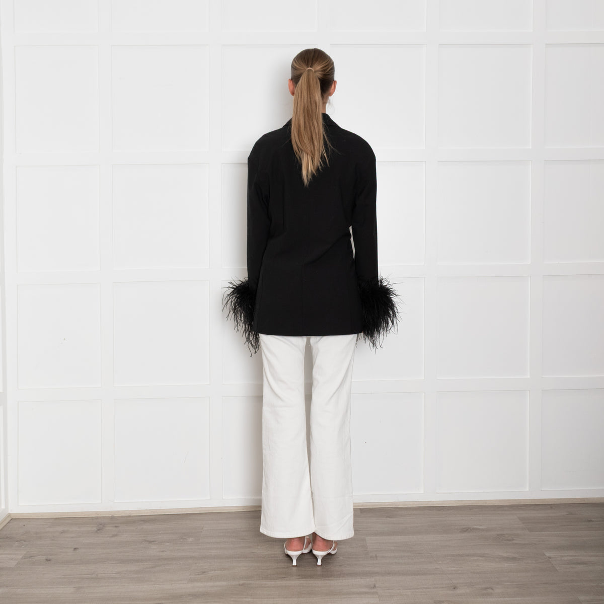 Sleeper Black Blazer with Pearl Buttons and Feather Cuffs