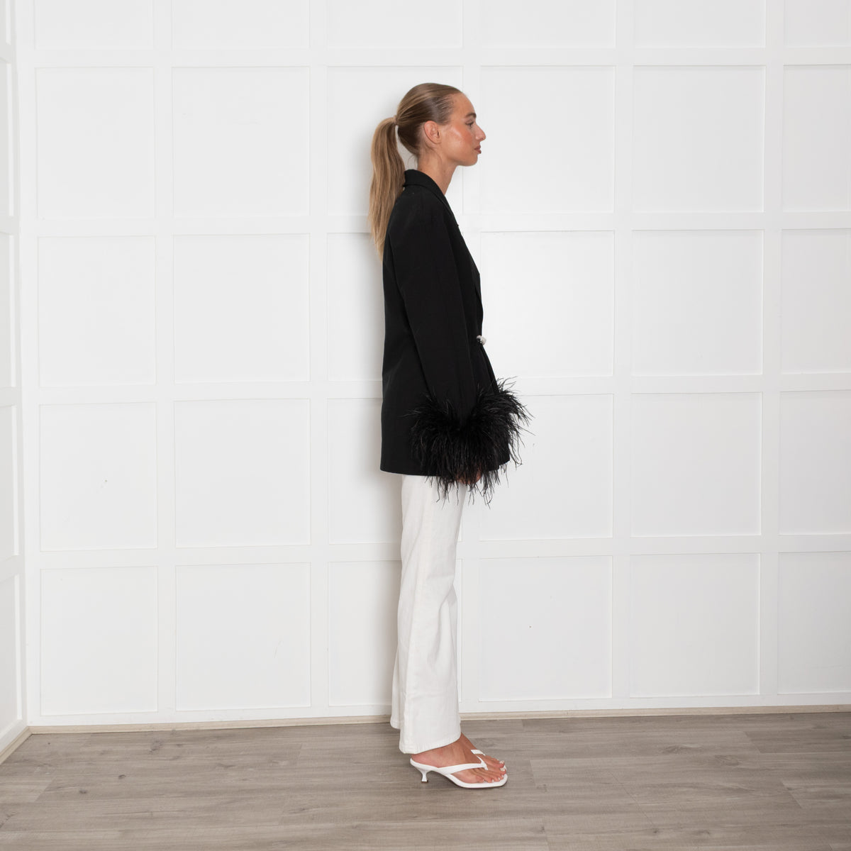 Sleeper Black Blazer with Pearl Buttons and Feather Cuffs