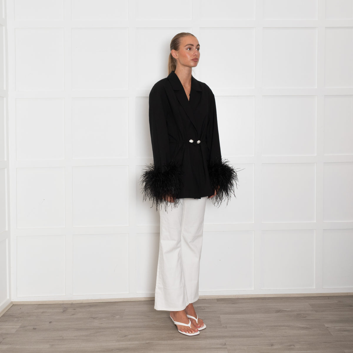 Sleeper Black Blazer with Pearl Buttons and Feather Cuffs
