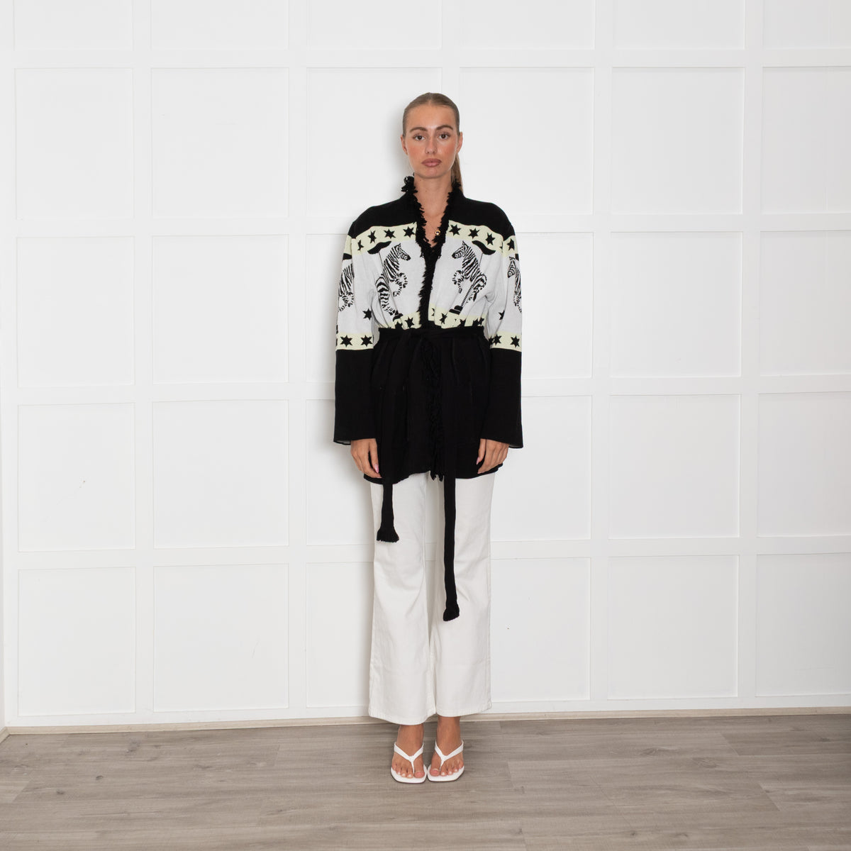 Hayley Menzies Black, White and Yellow Zebra Motif Short Cardigan
