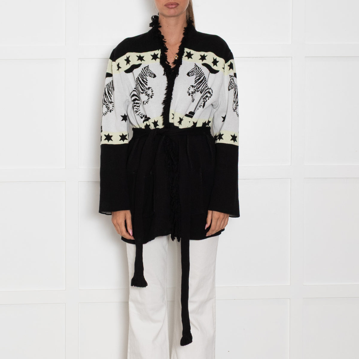 Hayley Menzies Black, White and Yellow Zebra Motif Short Cardigan