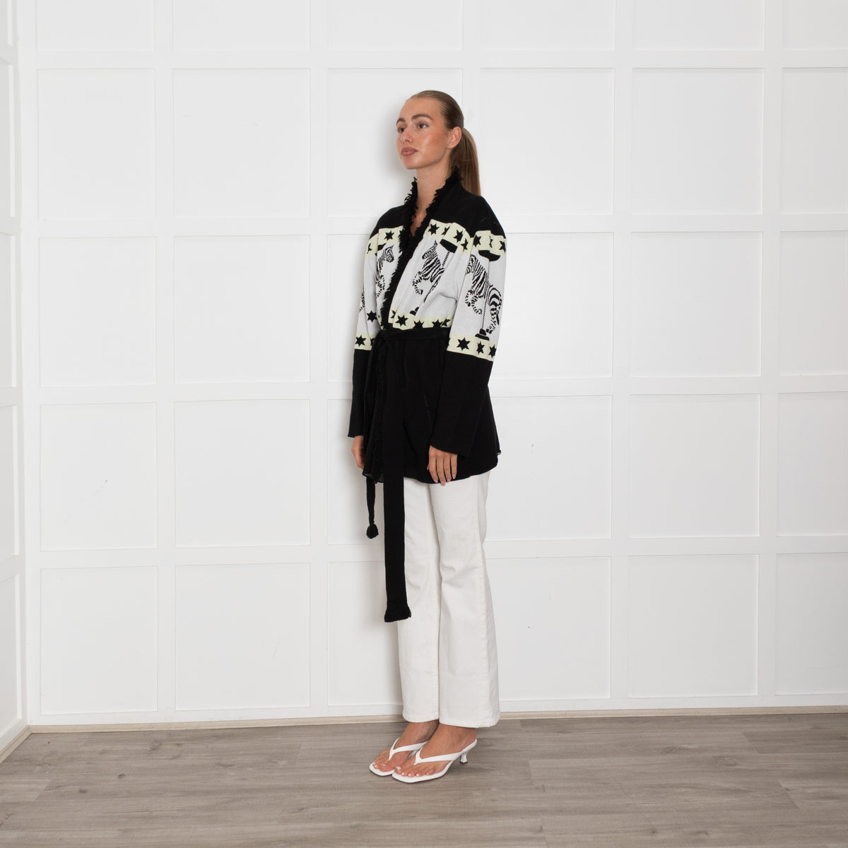 Hayley Menzies Black, White and Yellow Zebra Motif Short Cardigan