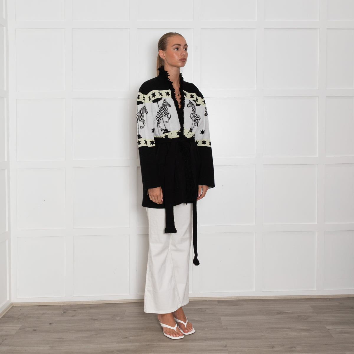 Hayley Menzies Black, White and Yellow Zebra Motif Short Cardigan