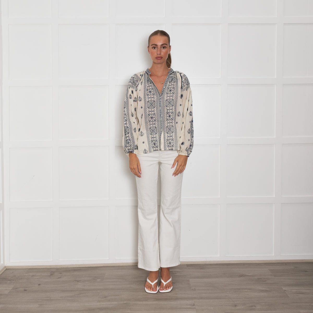 Maison Hotel Cream & Blue Embroidered L/Sleeve Top