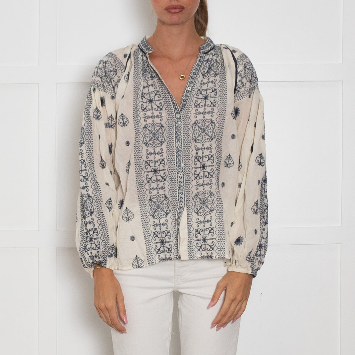 Maison Hotel Cream & Blue Embroidered L/Sleeve Top