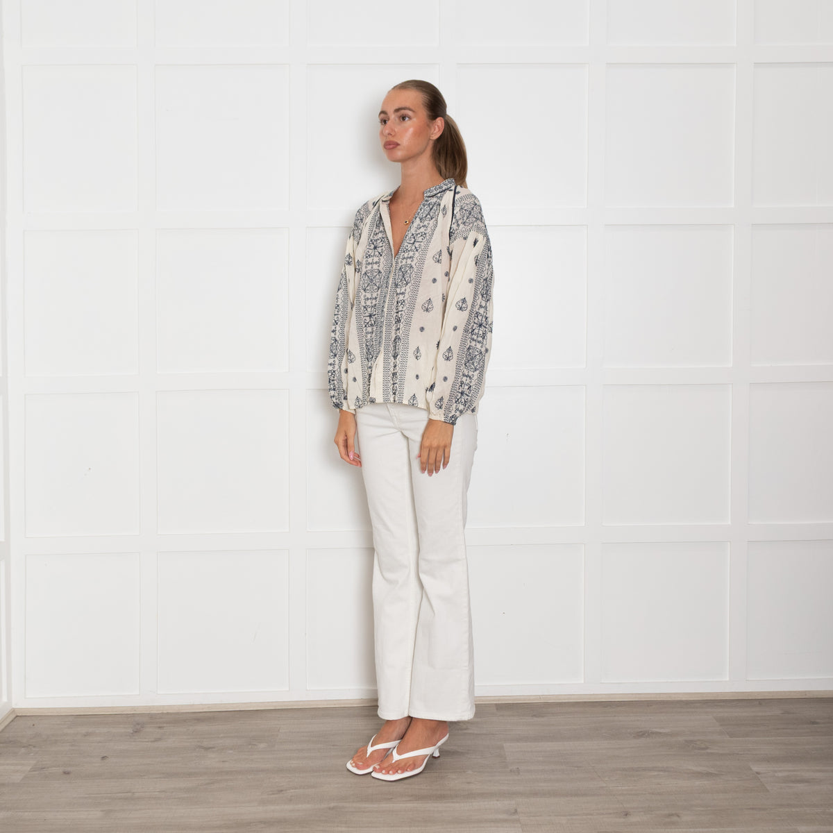 Maison Hotel Cream & Blue Embroidered L/Sleeve Top