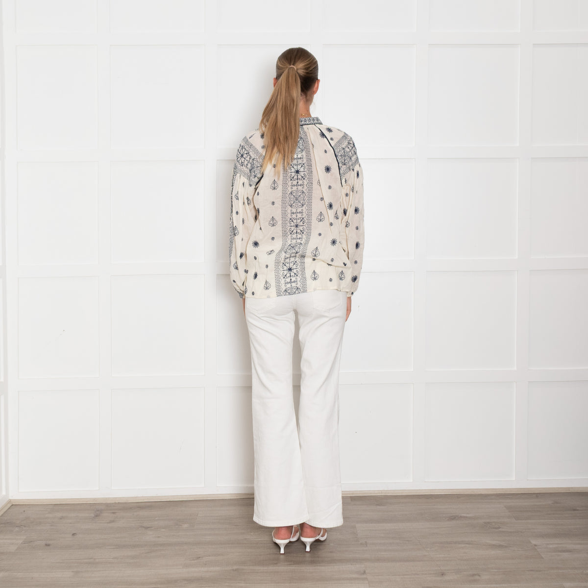 Maison Hotel Cream & Blue Embroidered L/Sleeve Top