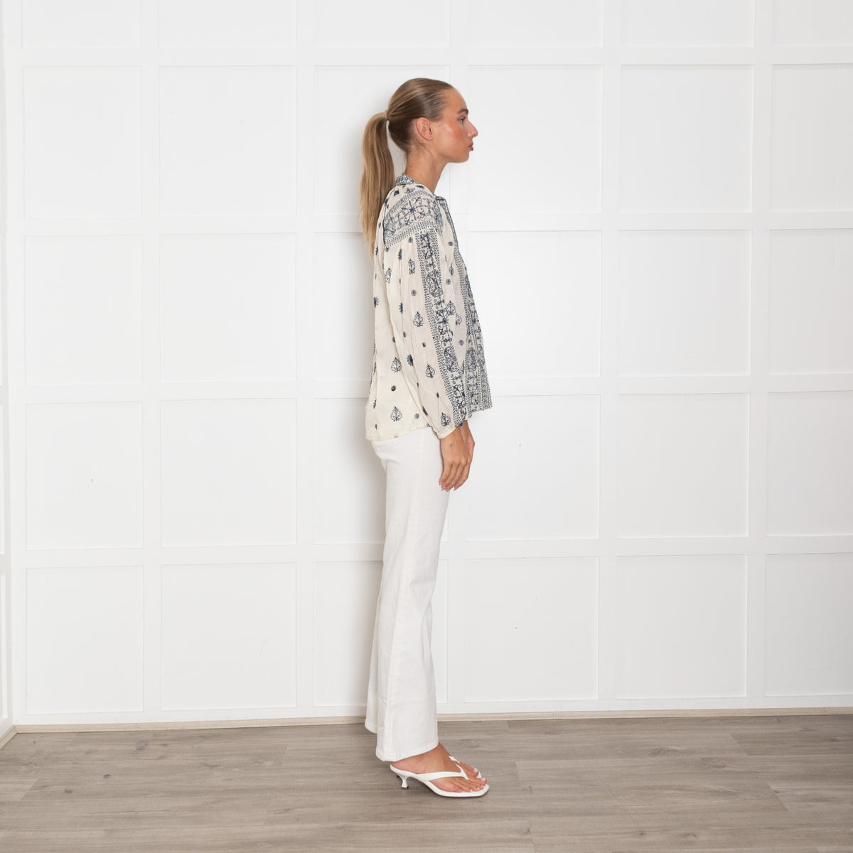 Maison Hotel Cream & Blue Embroidered L/Sleeve Top