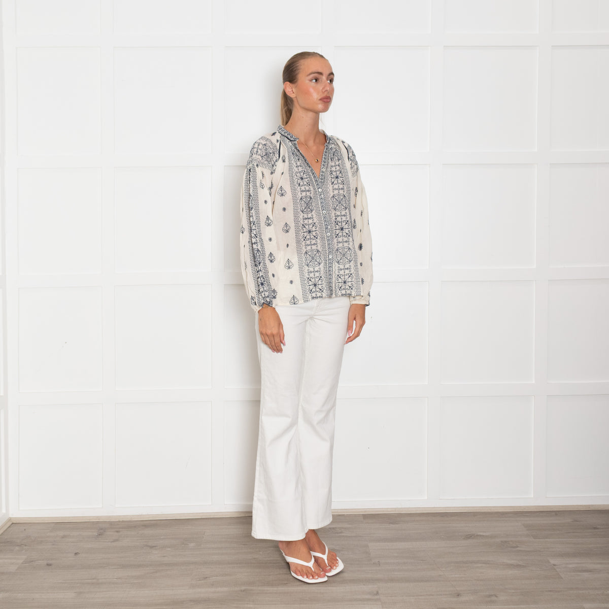 Maison Hotel Cream & Blue Embroidered L/Sleeve Top