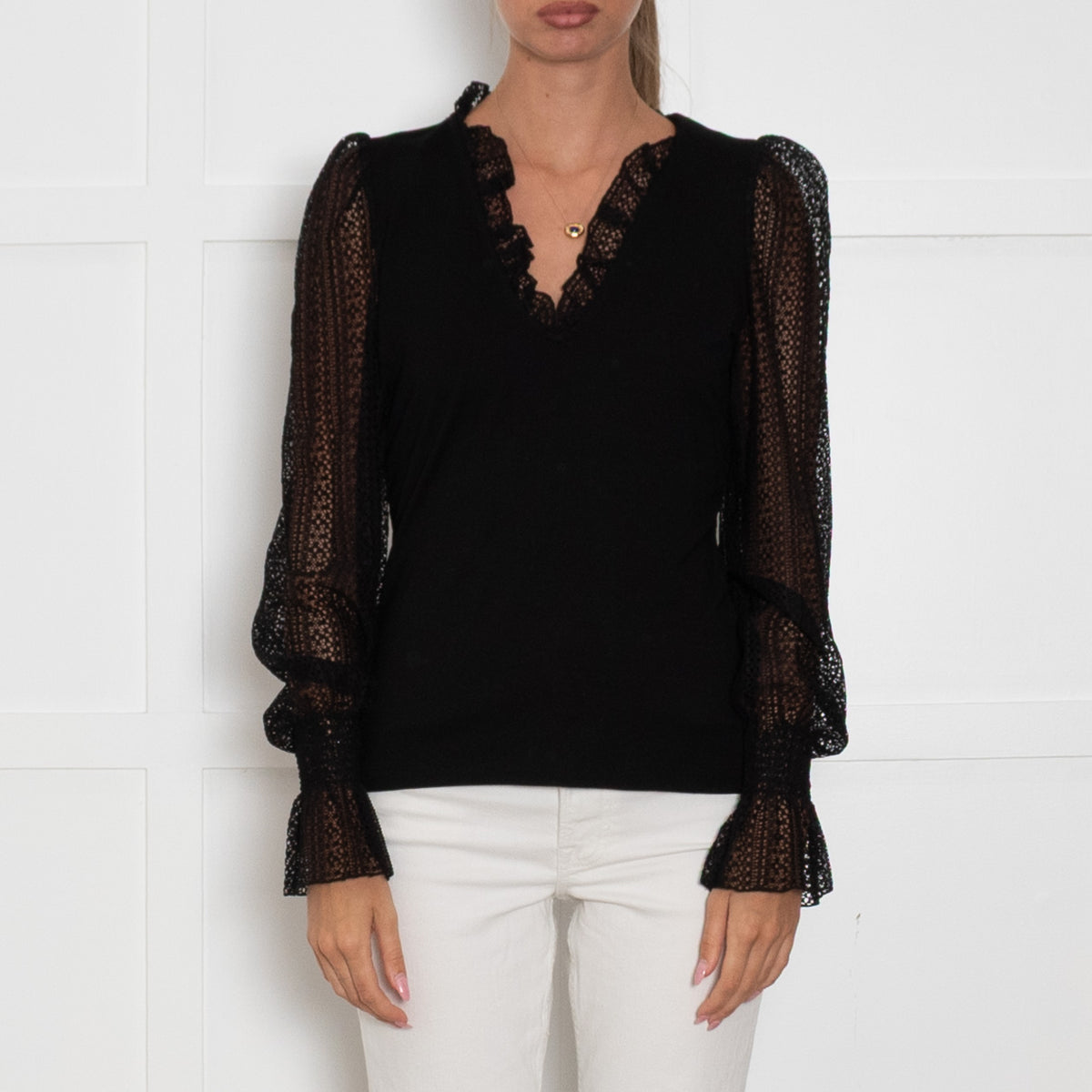 Me + Em Black Lace Balloon Sleeve V Neck Layering Top