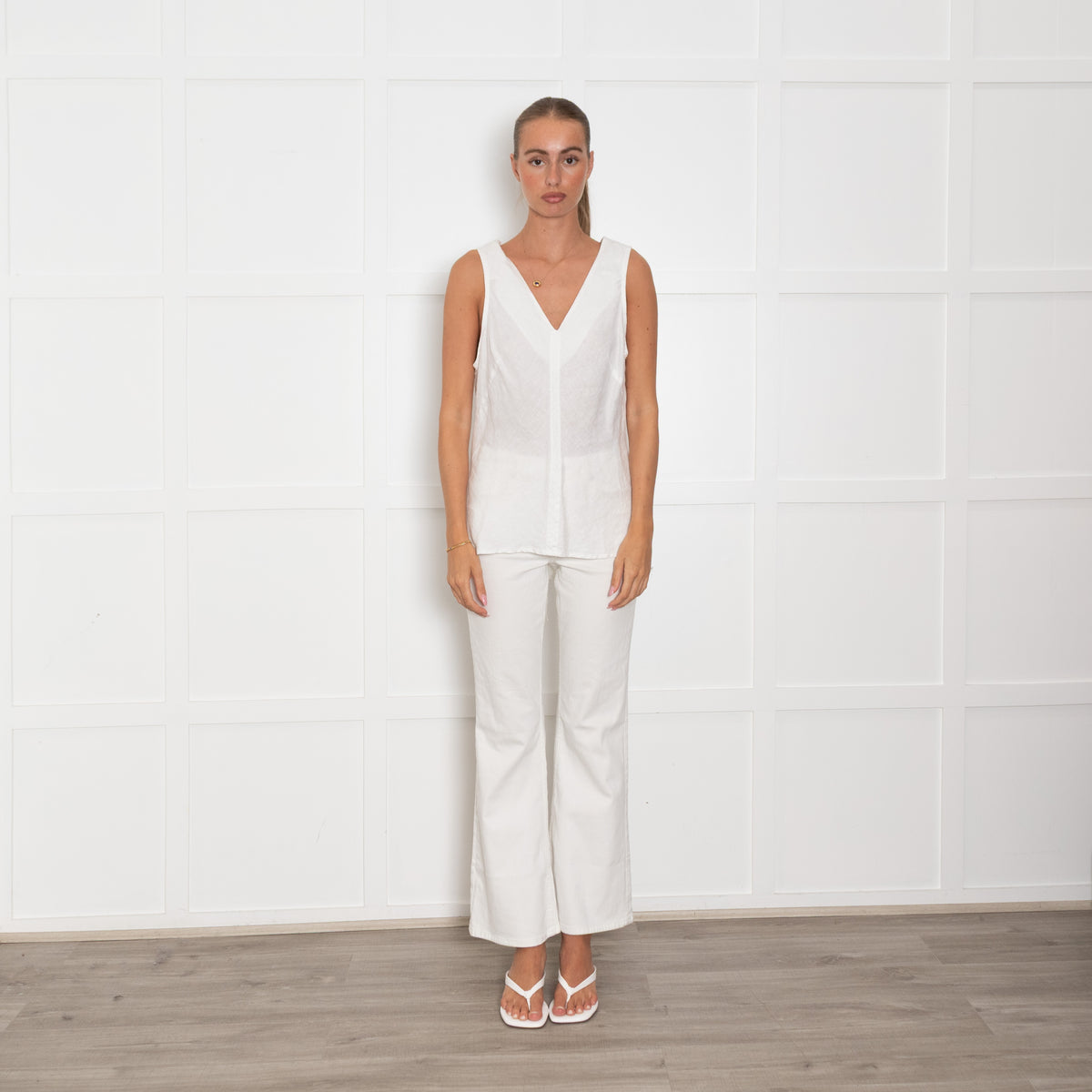 Haris Cotton White Linen Sleeveless Top With Drop Back