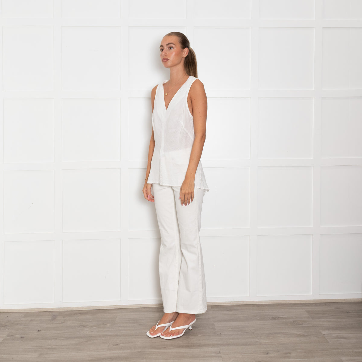 Haris Cotton White Linen Sleeveless Top With Drop Back