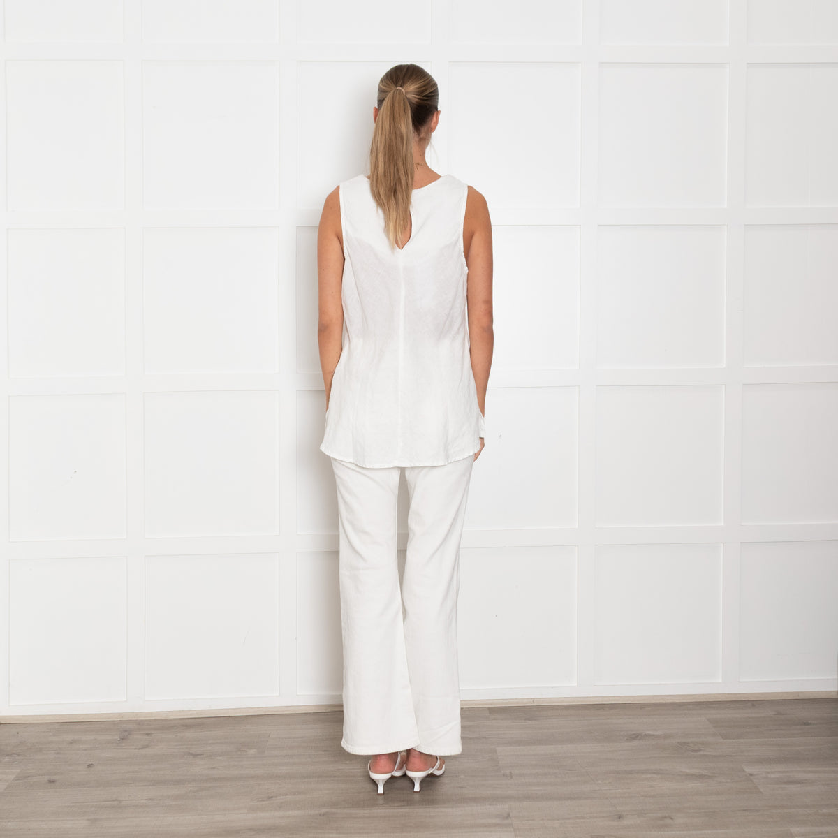 Haris Cotton White Linen Sleeveless Top With Drop Back