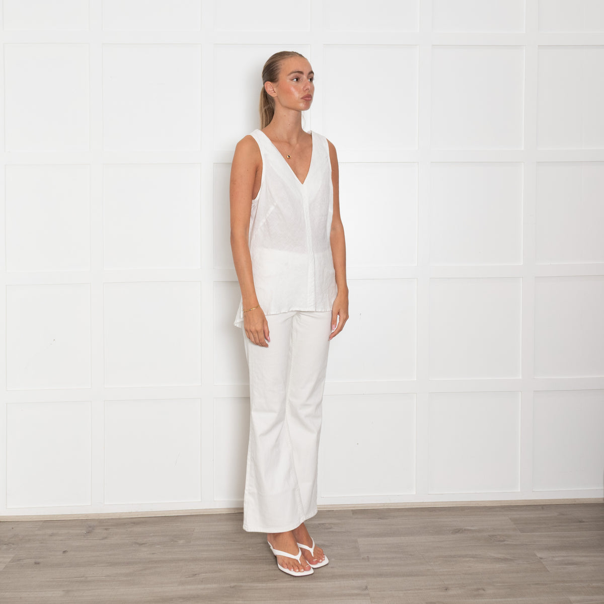 Haris Cotton White Linen Sleeveless Top With Drop Back