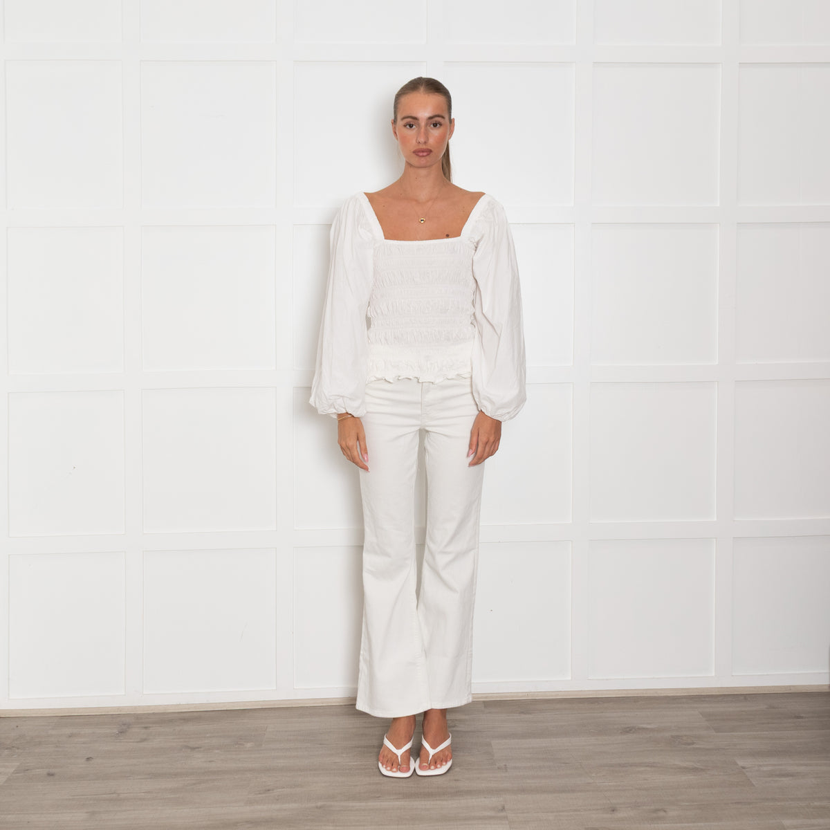 Ganni White Smock Cropped Top With Long Sleeves