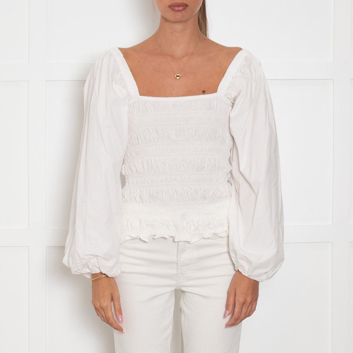 Ganni White Smock Cropped Top With Long Sleeves