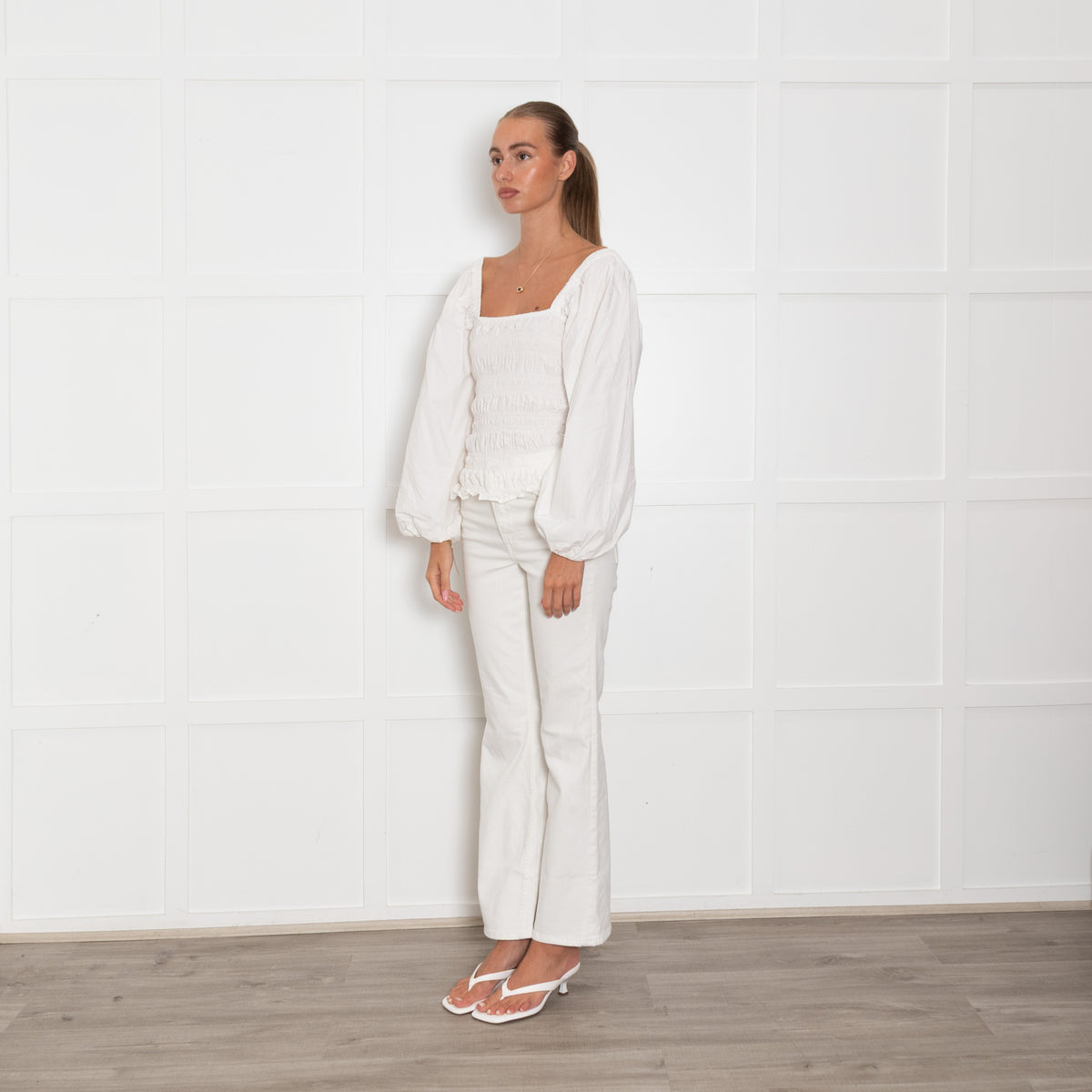 Ganni White Smock Cropped Top With Long Sleeves