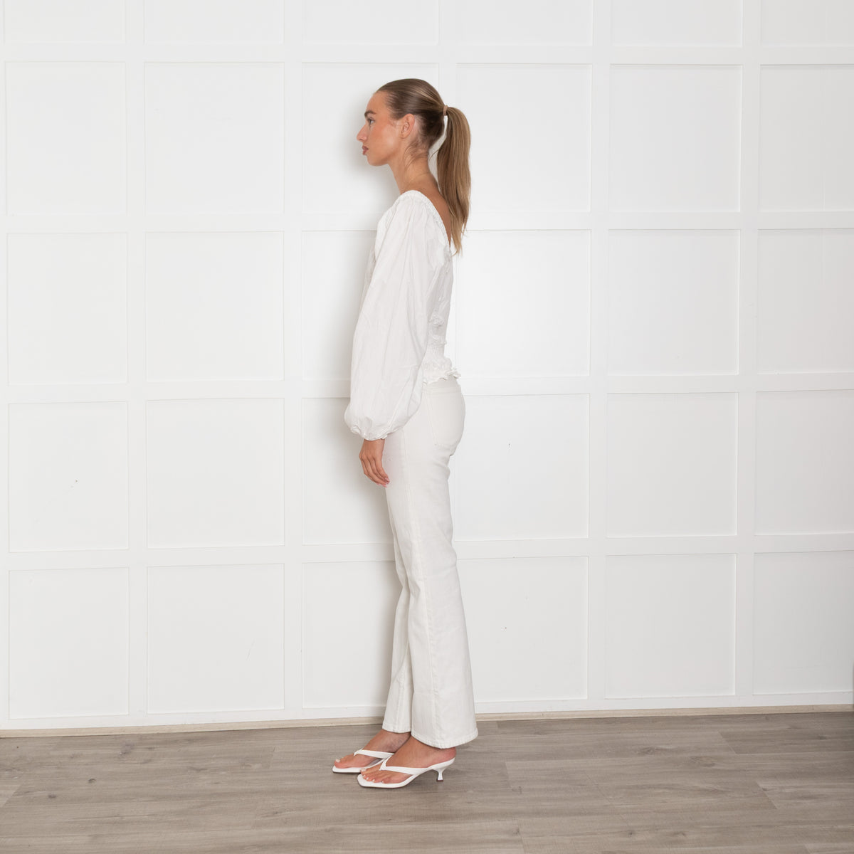 Ganni White Smock Cropped Top With Long Sleeves