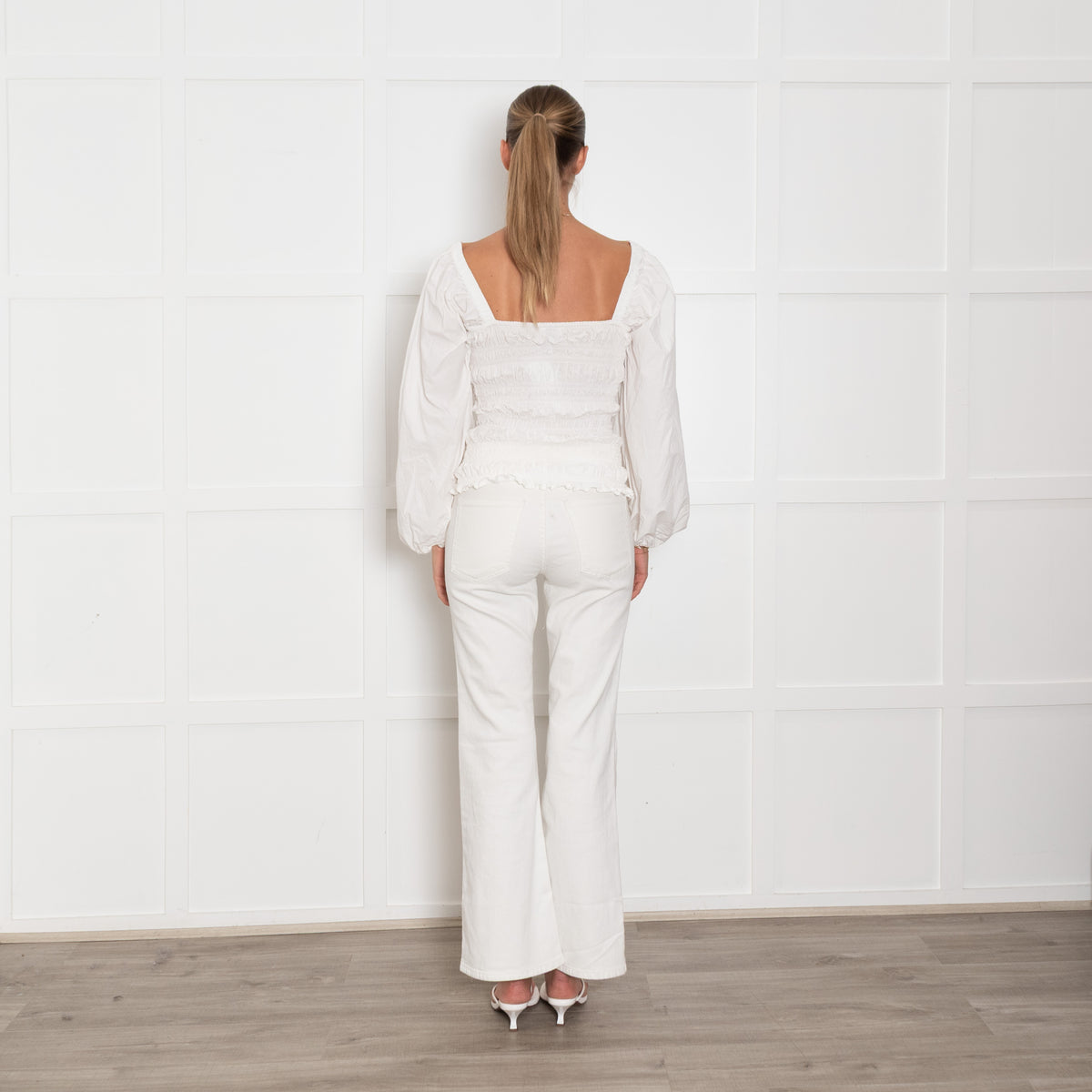 Ganni White Smock Cropped Top With Long Sleeves