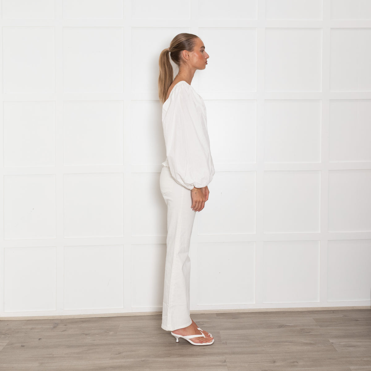 Ganni White Smock Cropped Top With Long Sleeves