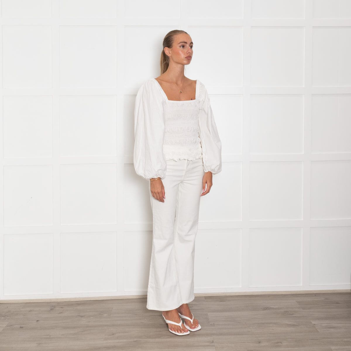 Ganni White Smock Cropped Top With Long Sleeves