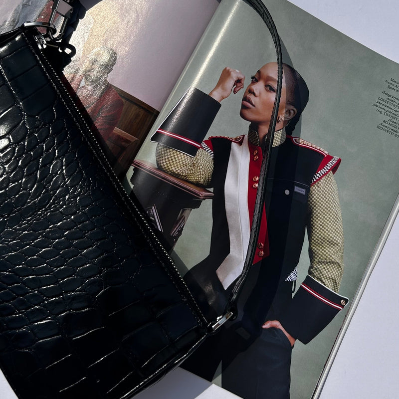 By Far Black Croc Embossed Rachel Shoulder Bag