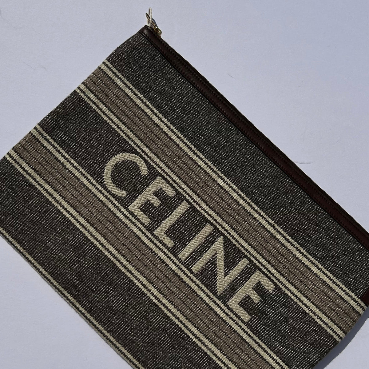 Celine Grey And Tan Logo Cloth Clutch Bag