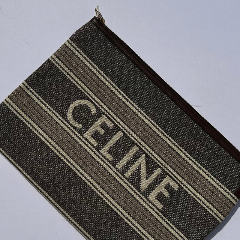 Celine Grey And Tan Logo Cloth Clutch Bag