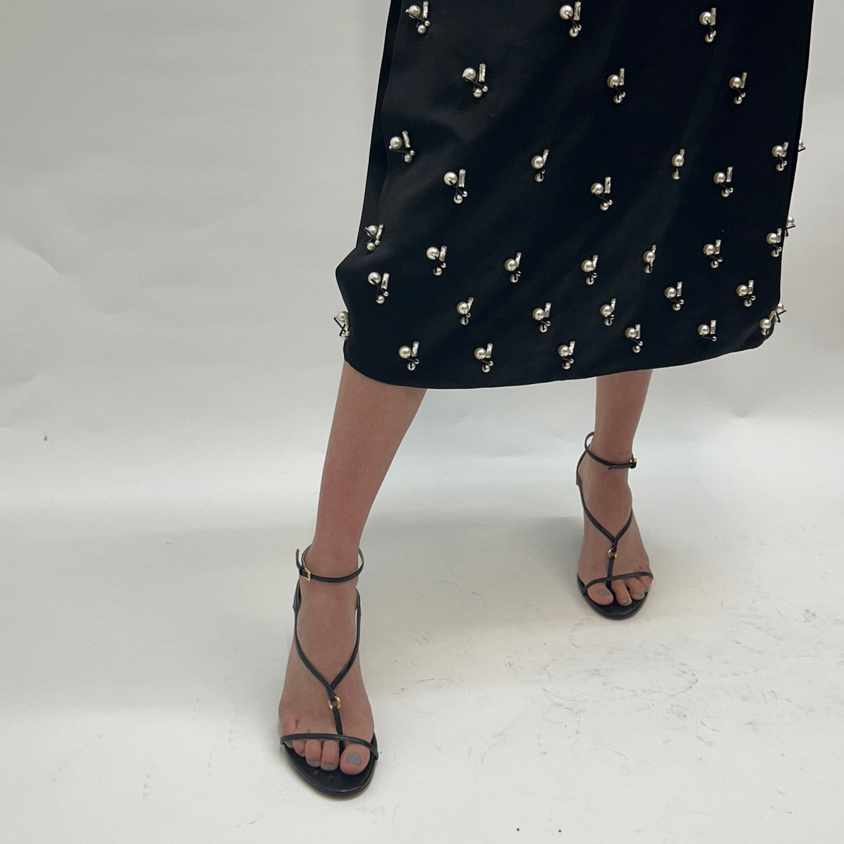 Khaite Black Leather Ankle Strap Wedge Sandals