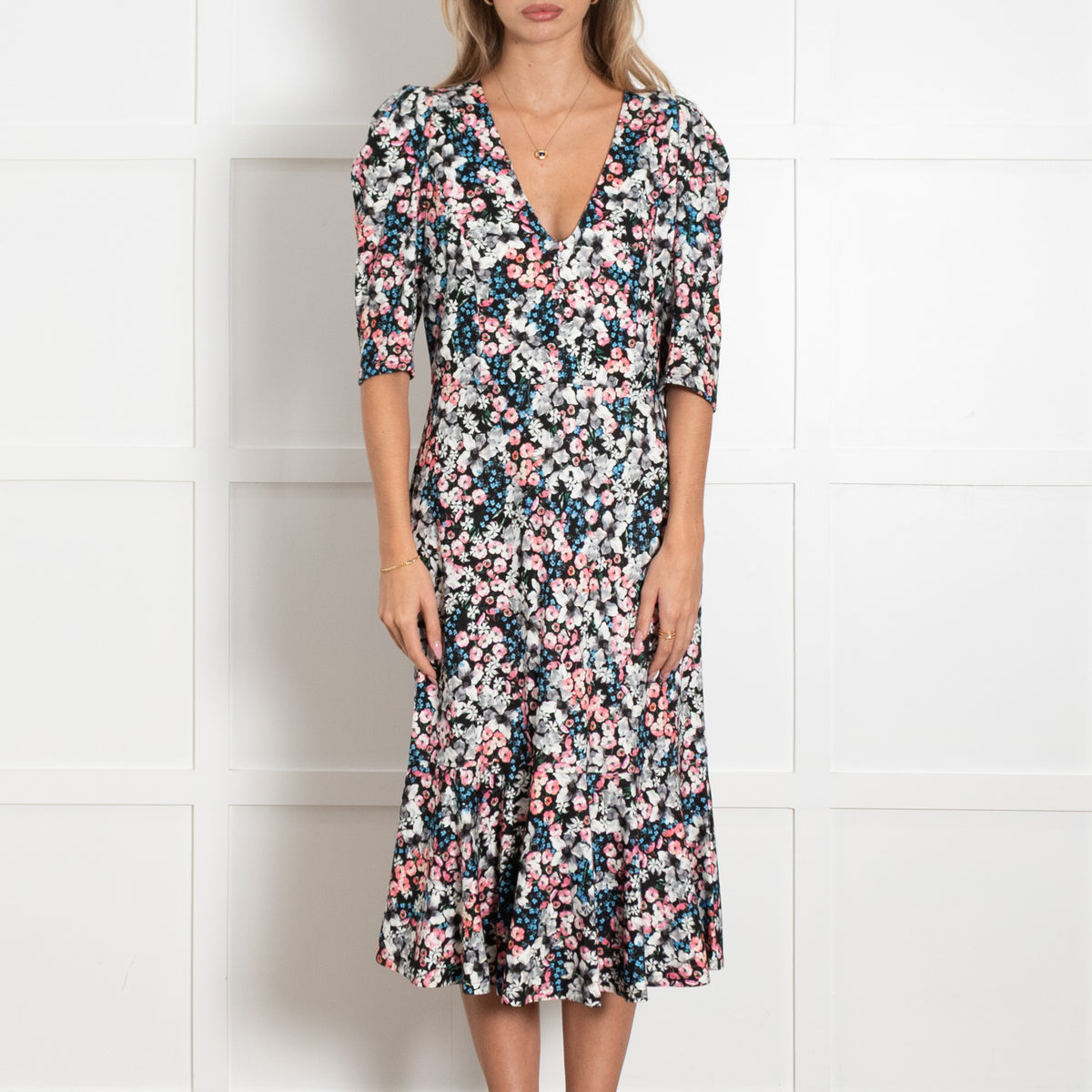 Erdem Black Pink Blue Floral Print Jersey Short Sleeve Dress