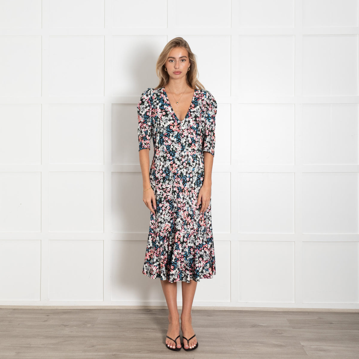 Erdem Black Pink Blue Floral Print Jersey Short Sleeve Dress