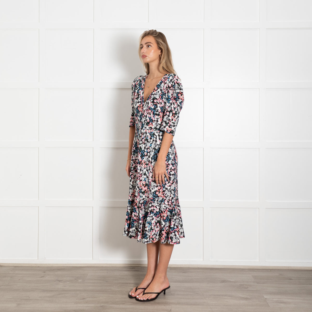Erdem Black Pink Blue Floral Print Jersey Short Sleeve Dress