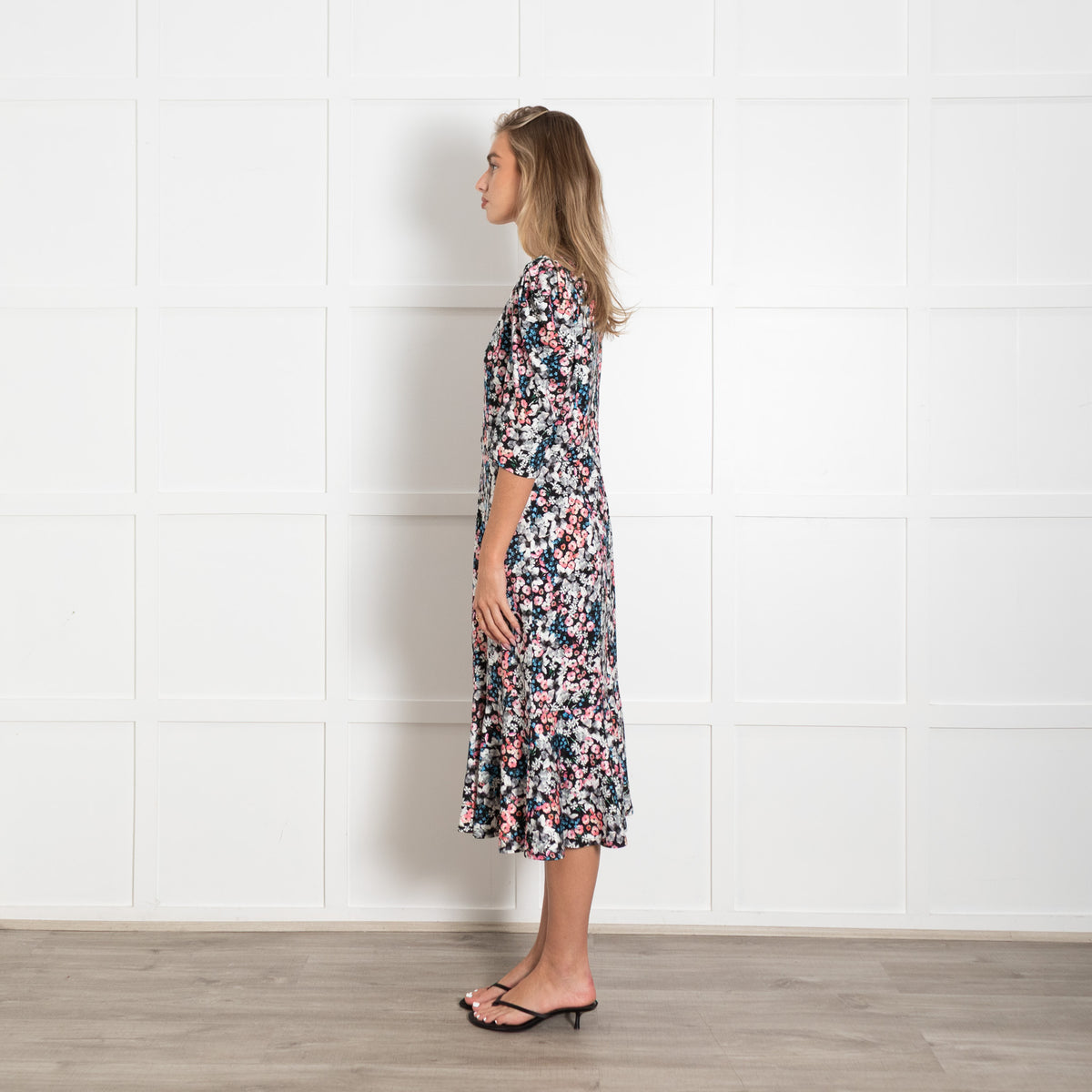 Erdem Black Pink Blue Floral Print Jersey Short Sleeve Dress